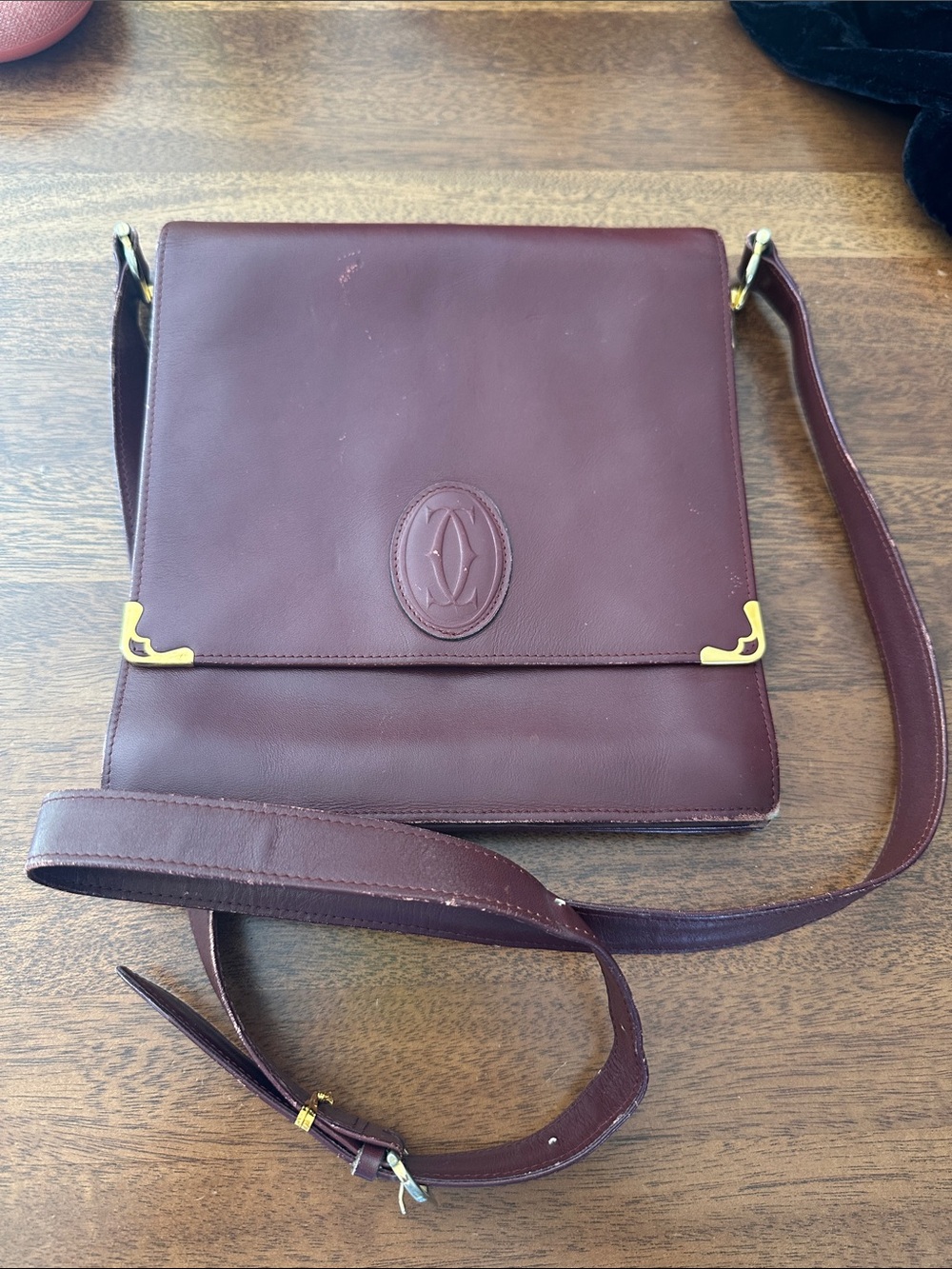 Cartier Burgundy Leather Messenger Bag with Gold Corners - Vintage